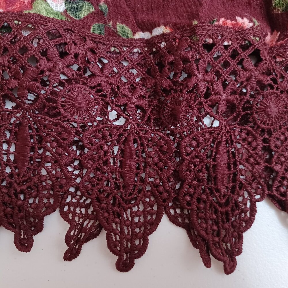 Women's IRIS Red Floral Off the Shoulder Crop w/Crochet bottom Summer/Spring Top - Picture 5 of 10